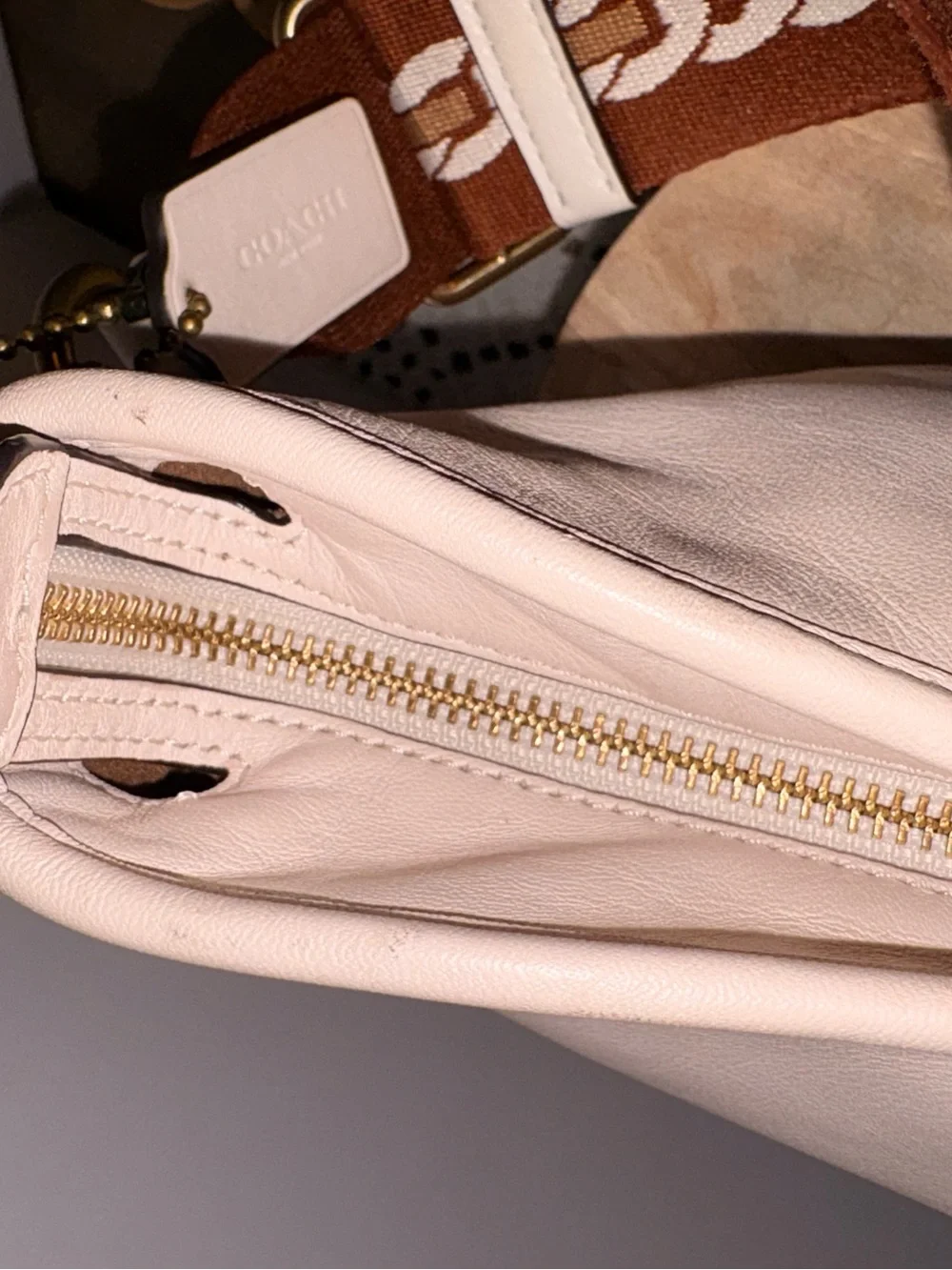 Coach chalk bucket Bag with Brown Patterned Strap and Gold Hardware